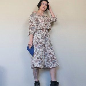 Vintage 70's Beige Floral Semi Sheer Boho Dress